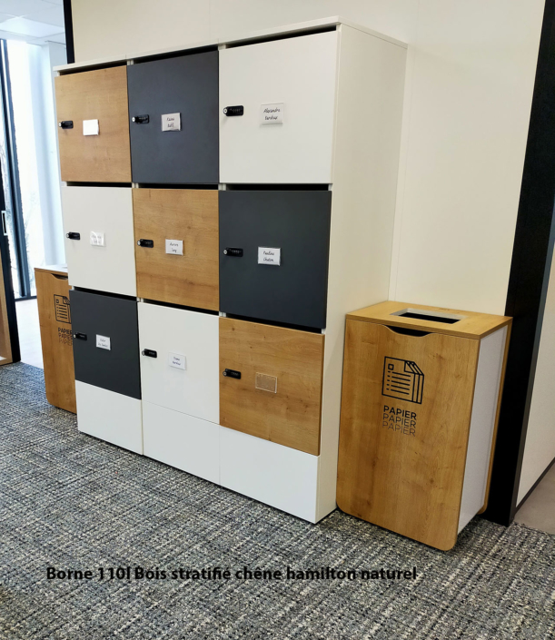 Borne de tri en bois personnalisée 110 L stratifié chêne