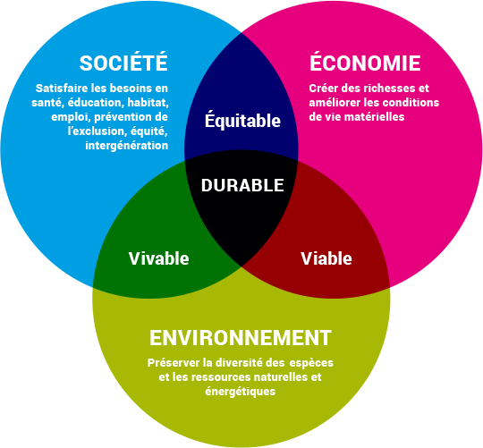Satisfaire les besoins en santé, éducation, habitat, emploi, prévention de l’exclusion, équité, intergénération. Créer des richesses et améliorer les conditions de vie matérielles. Préserver la diversité des espèces et les ressources naturelles et énergétiques
